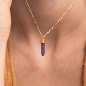 Amethyst Quartz Pendant Necklace by Caitlyn Minimalist Purple Crystal Necklace Amethyst Charm Jewelry Gift for Sister NR191 18K GOLD