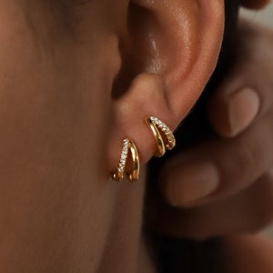 Double Hoop Huggie Earrings by Caitlyn Minimalist Pave Gold Huggie Hoops Diamond Earrings Bridesmaid, Wedding Earrings ER119 image 1