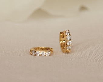 Pave Huggie Hoop Earrings • Diamond Stone Earrings • Small Gold Hoop Earrings • Minimalist Jewelry • Wedding Earrings • Gift for Her • ER111