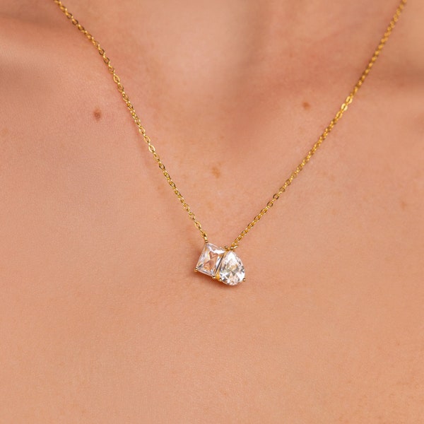 Toi et Moi Diamond Necklace by Caitlyn Minimalist • Pendant Necklace with Emerald Cut & Teardrop Gemstones • Anniversary Gift • NR199