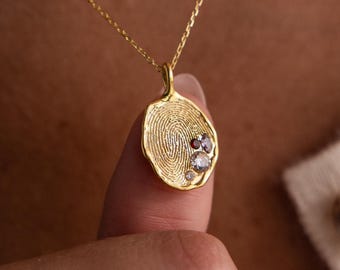 Fingerprint & Multi Birthstone Necklace by Caitlyn Minimalist • Hammered Fingerprint Necklace • Custom Jewelry • Memorial Gift • NM223NI