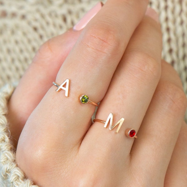 Custom Initial Gemstone Ring • Birthstone Ring • Name Ring • Adjustable Letter Ring • Personalized Gifts • Bridesmaids Gifts • RM06F30