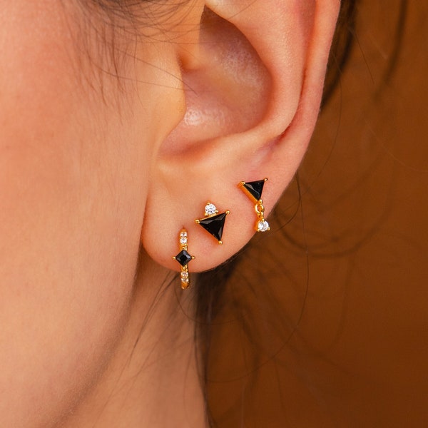Black Gemstone Triangle Earring Set by Caitlyn Minimalist • Set of 3: Pave Diamond Hoop, Stud Earring & Drop Earring • Gift for Her • ER436