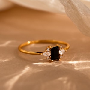 Vintage Black Baguette Ring by Caitlyn Minimalist • Dainty Black Diamond Cocktail Ring in Gold • Art Deco Jewelry • Gift for Her • RR143
