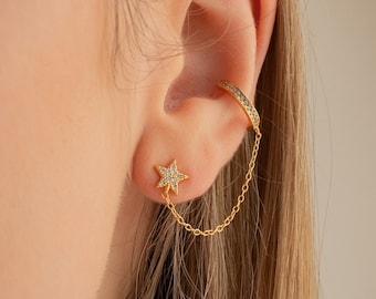 Star Ear Cuff Chain Earrings by Caitlyn Minimalist • Pave Diamond Earrings • Statement Earrings • Trendy Ear Cuffs • Graduation Gift • ER188