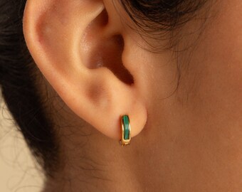 Malachite Huggie Earrings by Caitlyn Minimalist • Dainty Green Gemstone Hoop Earrings • Minimalist Birthstone Jewelry • Gift for Her • ER481