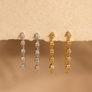 Diamond Drop Chain Earrings by Caitlyn Minimalist • Dainty Diamond Dangle Stud Earrings • Vintage Bridal Jewelry • Anniversary Gift • ER584