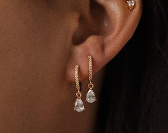 Diamond Drop Earrings by Caitlyn Minimalist • Pave Huggie Hoop Dangle Earrings • Wedding Earrings • Bridal Jewelry • Gift for Mom • ER117