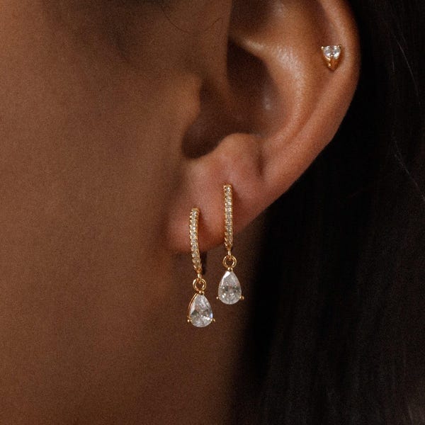 Diamond Drop Earrings by Caitlyn Minimalist • Pave Huggie Hoop Dangle Earrings • Wedding Earrings • Bridal Jewelry • Gift for Mom • ER117