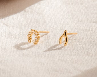 Lucky Mismatched Stud Earrings by Caitlyn Minimalist • Dainty Wishbone and Diamond Horseshoe Earrings • Perfect Graduation Gift • ER265