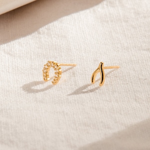 Lucky Mismatched Stud Earrings by Caitlyn Minimalist • Dainty Wishbone and Diamond Horseshoe Earrings • Perfect Graduation Gift • ER265