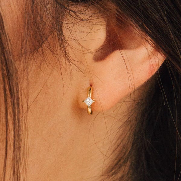 Diamond Huggie Earrings by Caitlyn Minimalist • Small Diamond Hoop Earrings • Minimalist Earrings • Birthday Gift for Women • ER094