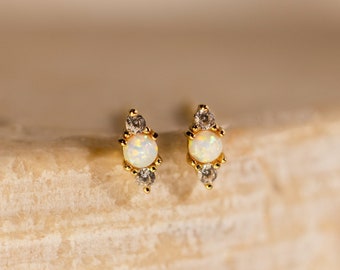 Opal & Diamond Stud Earrings by CaitlynMinimalist • Dainty Cartilage Earring in Gold • Opal Jewelry • Bridesmaid Gift for Her • ER469