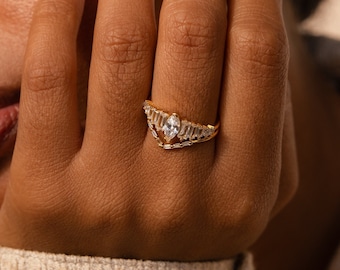 Art Deco Diamond Ring Set by Caitlyn Minimalist • Chevron Marquise Baguette Rings • Engagement Wedding Ring Set • Girlfriend Gift • RR120