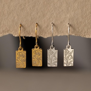 Rectangle Tag Flower Earrings by CaitlynMinimalist • Engraved Birth Flower Dangle Earrings • Dainty Jewelry • Birthday Gift for Her • CM94NI