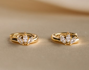 Marquise Huggie Hoops by Caitlyn Minimalist • Floral Diamond Earrings • Dainty Hoops Earring Set • Wedding Jewelry • Bride Gift • ER169