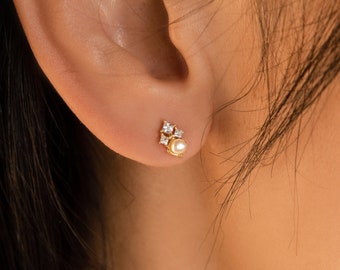 Pearl & Diamond Stud Earrings by Caitlyn Minimalist • Dainty Elegant Earrings for Everyday • Birthday Gift for Wife • ER298