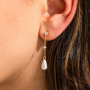 Diamond Pearl Chain Earrings by Caitlyn Minimalist • Diamond Stud Earrings with Dangling Pearl Teardrop Charm • Jewelry Gift for Her • ER473