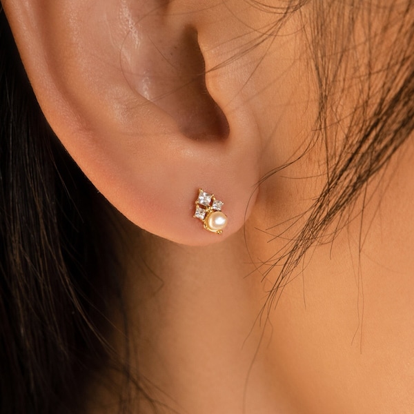 Pearl & Diamond Stud Earrings by Caitlyn Minimalist • Dainty Elegant Earrings for Everyday • Birthday Gift for Wife • ER298