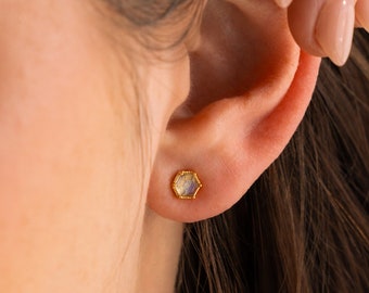 Labradorite Hexagon Stud Earrings by Caitlyn Minimalist • Geometric Labradorite Earrings • Dainty Crystal Jewelry • Gift for Her • ER478