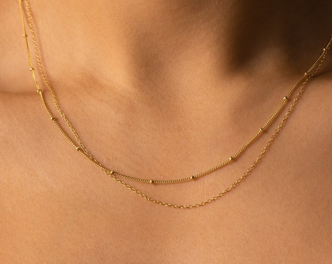 Beaded Duo Chain Necklace by Caitlyn Minimalist • Gold Layered Necklace with Satellite Chain and Delicate Chain Choker • Friend Gift • NR079