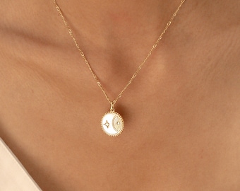 Solar Coin Pearl Necklace by CaitlynMinimalist • Celestial Mother of Pearl Necklace in Figaro Chain • Birthday Gift • NR049