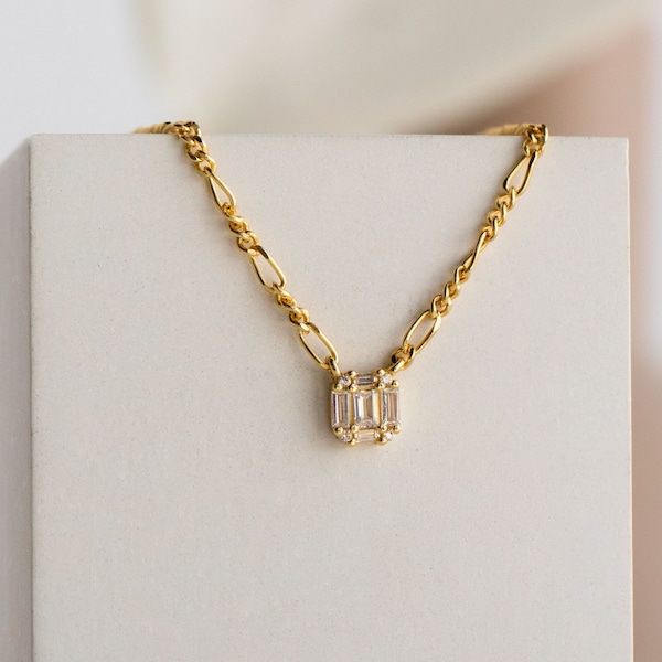 Vierkante diamanten hanger ketting met figaroketting • Gouden en zilveren ketting van Caitlyn Minimalist • Verjaardagscadeau voor haar • NR082