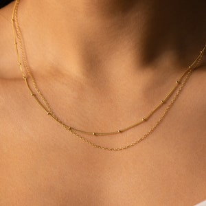 Beaded Duo Chain Necklace by Caitlyn Minimalist Gold Layered Necklace with Satellite Chain and Delicate Chain Choker Friend Gift NR079 image 1