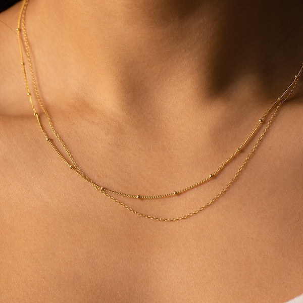 Beaded Duo Chain Necklace by Caitlyn Minimalist • Gold Layered Necklace with Satellite Chain and Delicate Chain Choker • Friend Gift • NR079