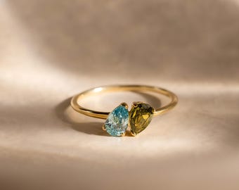 Anillo Pear Toi Et Moi de Caitlyn Minimalist • Anillo dúo en forma de lágrima con piedra natal • Anillo de promesa personalizado • Joyería para parejas • Regalo para mamá • RM210