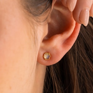Labradorite Hexagon Stud Earrings by Caitlyn Minimalist • Geometric Labradorite Earrings • Dainty Crystal Jewelry • Gift for Her • ER478