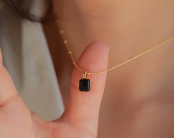 Black Pendant Necklace by Caitlyn Minimalist • Statement Black Enamel Square Charm with Satellite Chain • Gift for Her • NR106