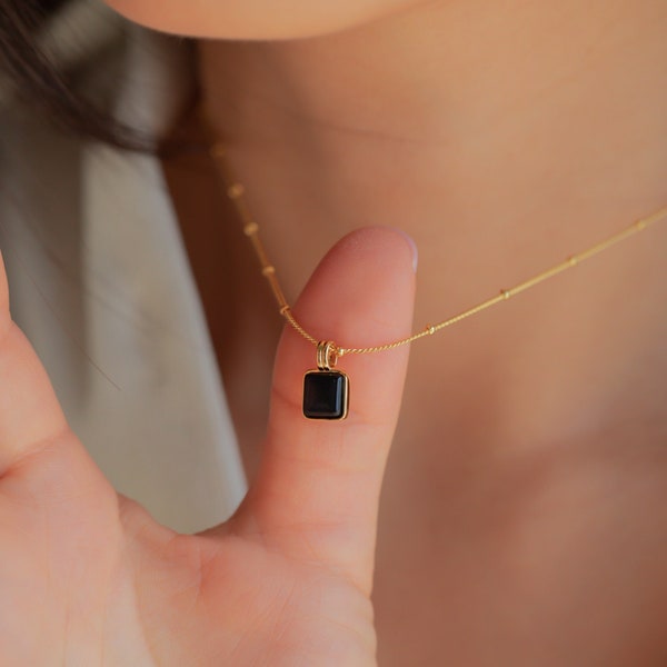 Black Pendant Necklace by Caitlyn Minimalist • Statement Black Enamel Square Charm with Satellite Chain • Gift for Her • NR106