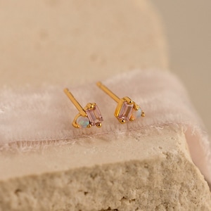 Opal Baguette Stud Earrings by Caitlyn Minimalist • Blush Pink Tourmaline Earrings with Round Stone • Opal Jewelry • Bridesmaid Gift • ER419