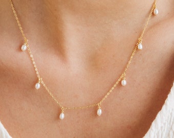 Pearl Drop Station Necklace in Gold & Silver by Caitlyn Minimalist • Statement Charm Necklace for Layering • Gift for Grandma • NR083