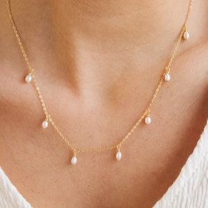 Pearl Drop Station Necklace in Gold & Silver by Caitlyn Minimalist • Statement Charm Necklace for Layering • Gift for Grandma • NR083