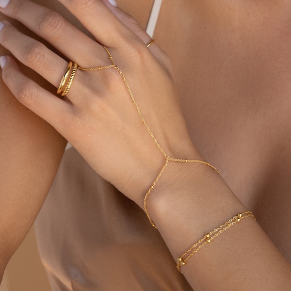 Bracciale con catena a mano con perline di Caitlyn Minimalist • Gioielli con catena a mano e perline • Gioielli da sposa boho • Regalo di compleanno per lei • BR047