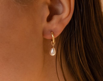 Pearl Tear Drop Hoops by Caitlyn Minimalist • Dangling Pearl Earrings • Dainty Gold Huggie Earrings • Bridal Jewelry • Gift for Mom • ER404