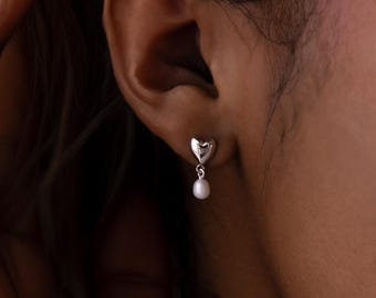 Heart Pearl Stud Earrings by Caitlyn Minimalist • Dangling Pearl Drop Earrings • Dainty Silver Jewelry • Birthday Gift for Her • ER660