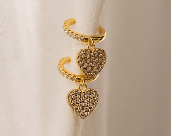 Pave Heart Ear Cuffs by Caitlyn Minimalist • Gold Dangle Earrings • Diamond Cuff Earrings, No Piercing Needed • Best Friend Gift • ER170