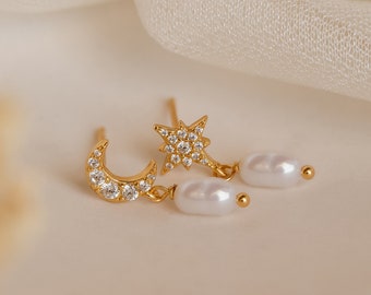 Moon & Star Pearl Earrings by Caitlyn Minimalist • Dangling Pearl Drop Diamond Studs • Celestial Jewelry • Gift for Her • ER357