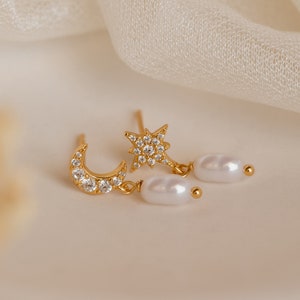 Moon & Star Pearl Earrings by Caitlyn Minimalist • Dangling Pearl Drop Diamond Studs • Celestial Jewelry • Gift for Her • ER357