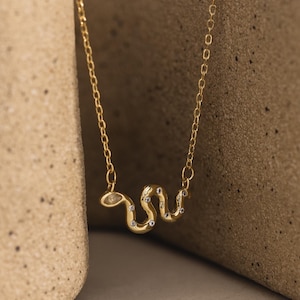 May include: A delicate gold-colored necklace featuring a snake pendant. The snake design is adorned with small, sparkling gemstones. The necklace is displayed against a neutral, textured background, highlighting the jewelry's intricate details.