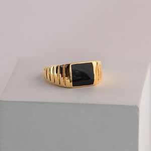 Zwarte zegelring van Caitlyn, minimalistisch • Ring van zwarte onyx • Statementring • Dikke ring in goud en zilver • Herenring, cadeau voor hem • RR059