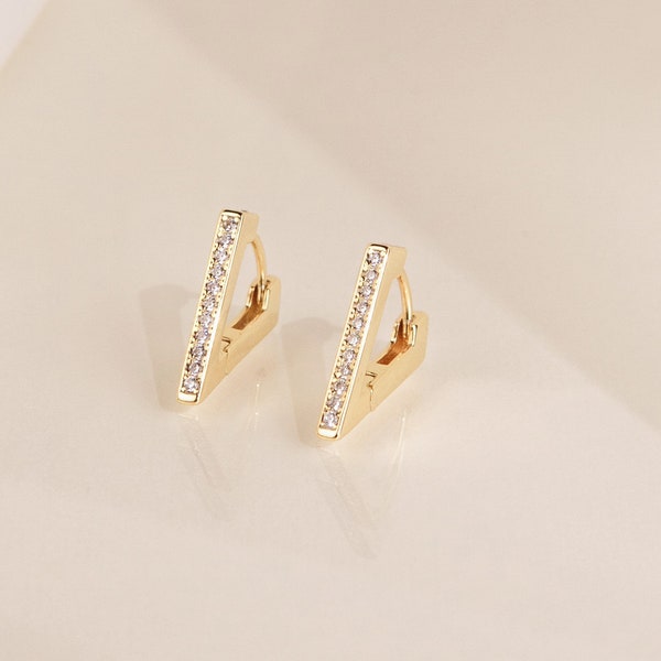 Diamond Triangle Earrings • Pave Triangle Huggie Hoops • Modern Geometric Earrings, Perfect for Your Minimalist Look • ER009