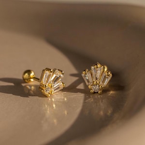 Art Deco Diamond Studs by Caitlyn Minimalist • Vintage Diamond Baguette Ball Stud Earrings • Dainty Wedding Jewelry • Gift for Her • ER609