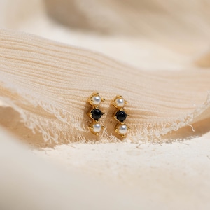 Onyx Pearl Stud Earrings by Caitlyn Minimalist • Dainty Ear Climber Earrings with Black Gemstone • Pearl Jewelry • Anniversary Gift • ER518