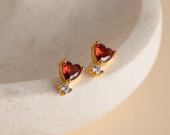 Garnet Heart Drop Studs by Caitlyn Minimalist • Dainty Diamond Earrings in Gold • Romantic Vintage Jewelry • Perfect Gift for Her • ER336