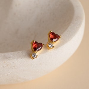 Garnet Heart Drop Studs by Caitlyn Minimalist • Dainty Diamond Earrings in Gold • Romantic Vintage Jewelry • Perfect Gift for Her • ER336