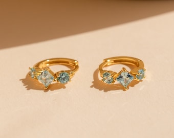 Aquamarine Huggie Hoops by Caitlyn Minimalist • Dainty Blue Diamond Earrings in Gold • Wedding Jewelry • Perfect Gift for Her • ER384